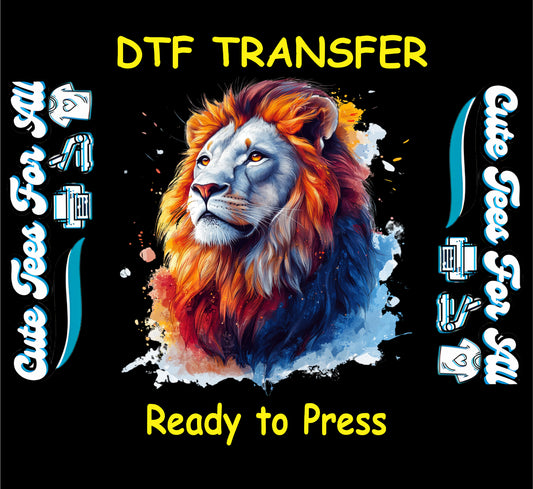 DTF transfer of lion head with orange and blue mane and abstract splash background