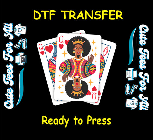DTF transfer of Queen of Hearts playing card with Afrocentric woman in vibrant colors