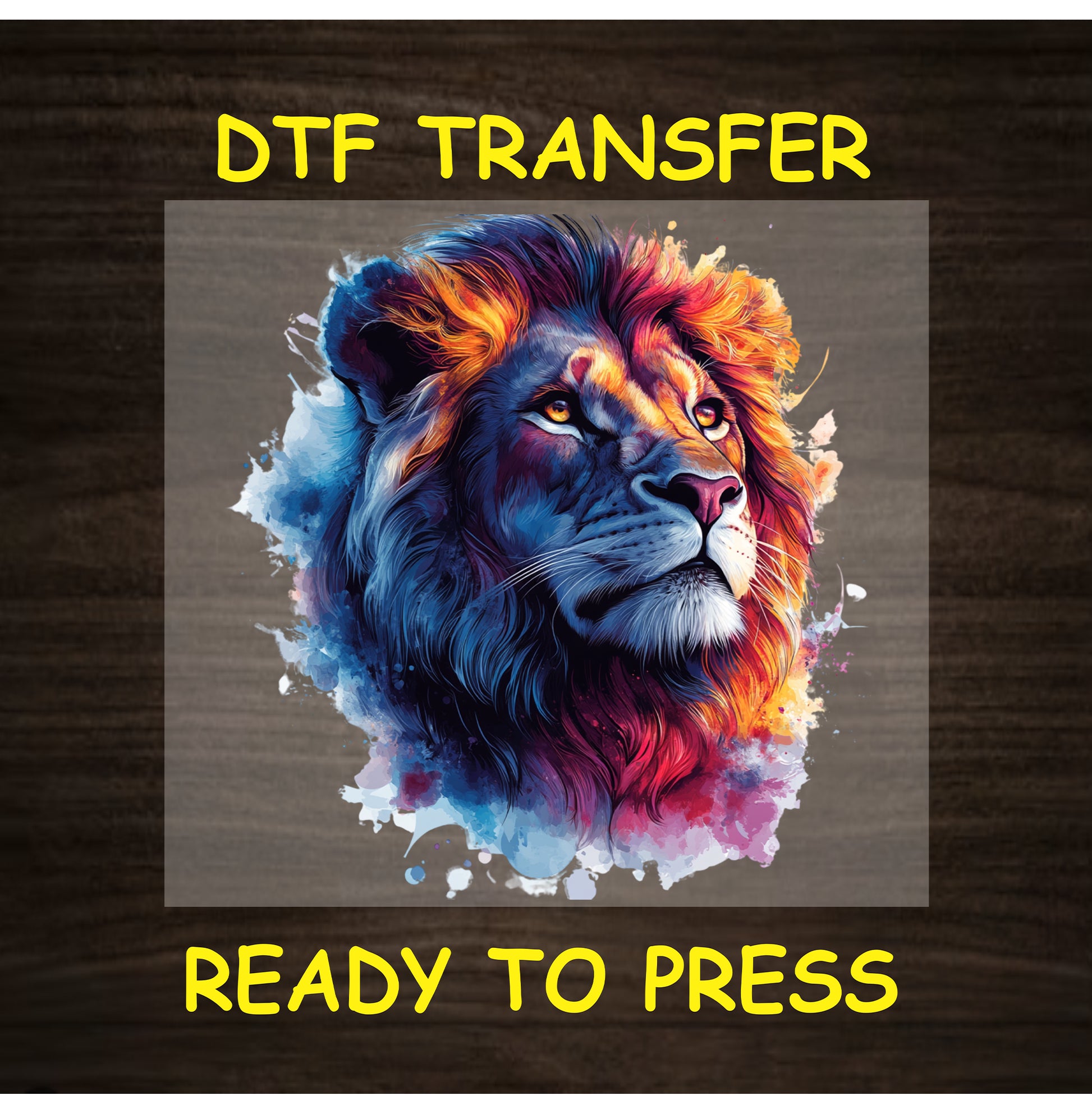 DTF transfer of majestic lion head with blue, red, and orange mane and splash background