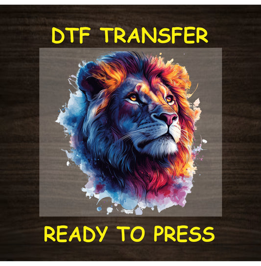 DTF transfer of majestic lion head with blue, red, and orange mane and splash background