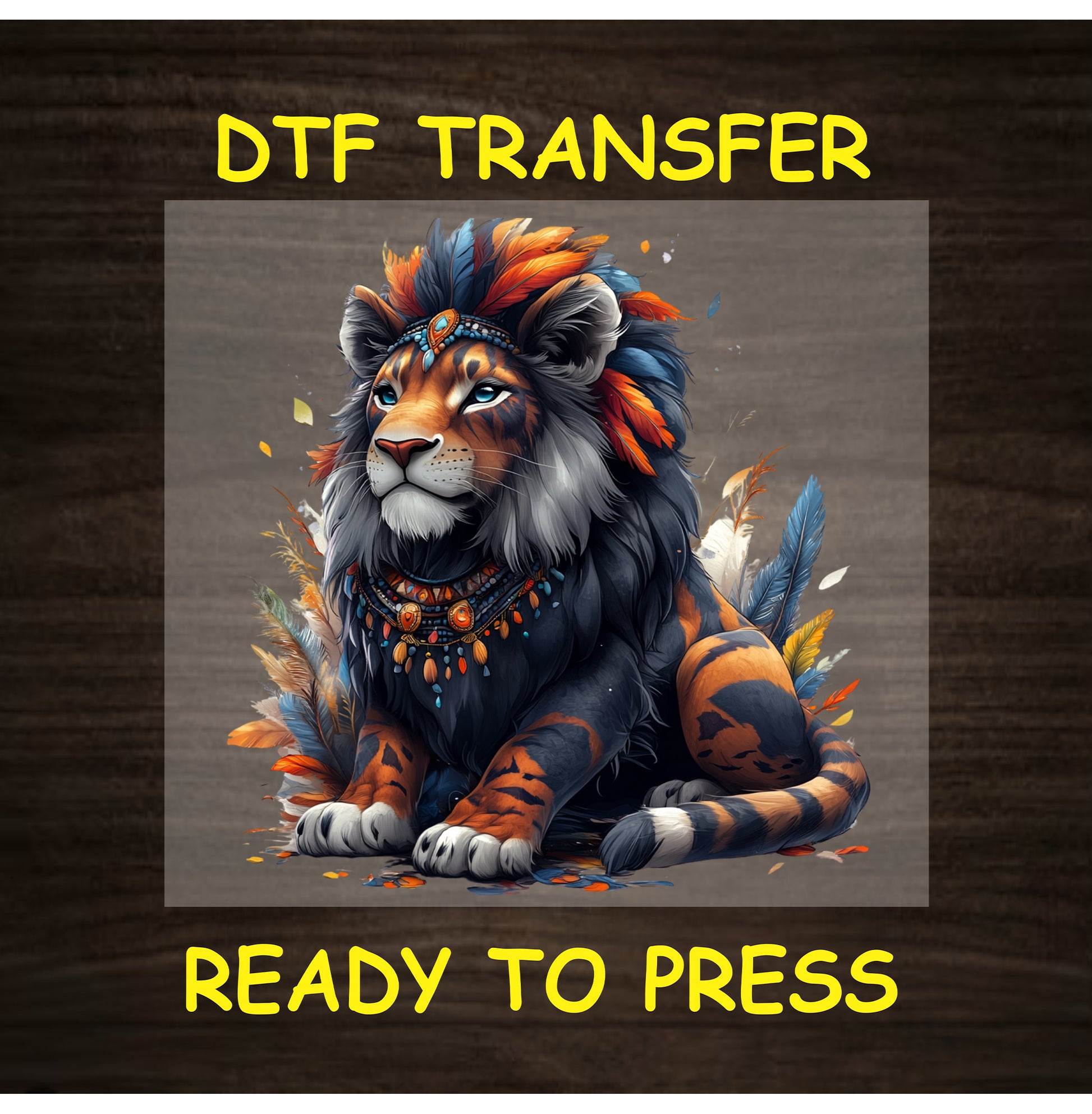 DTF transfer of tribal-themed sitting lion with feathers, beads, and orange-blue accents