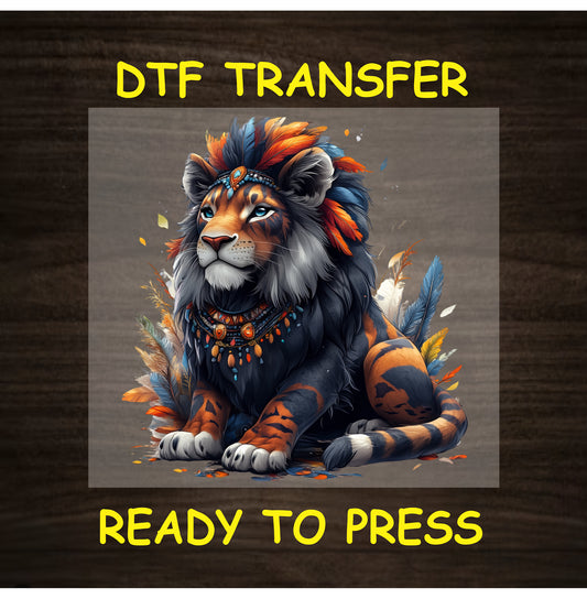 DTF transfer of tribal-themed sitting lion with feathers, beads, and orange-blue accents