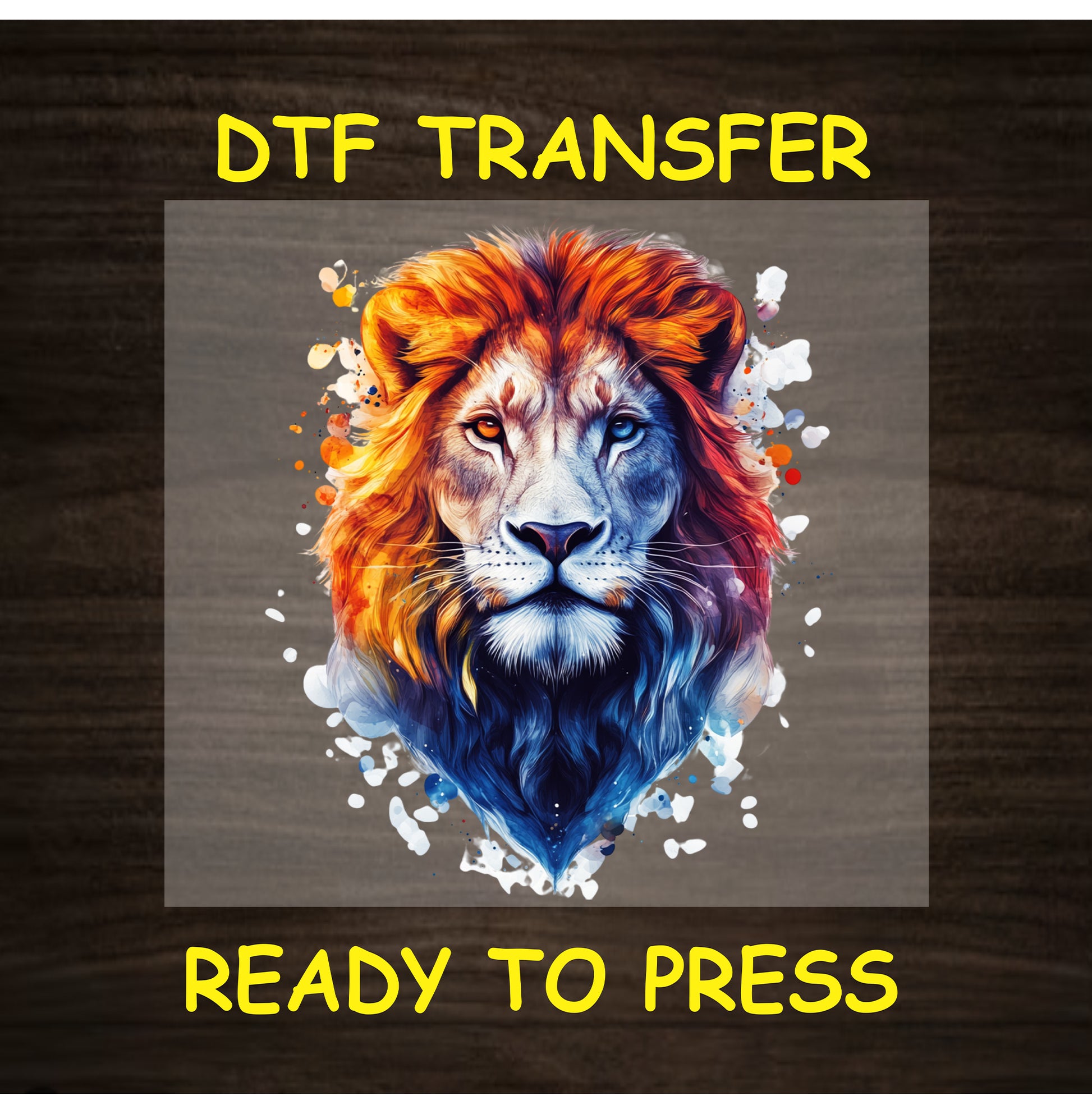 DTF transfer of centered lion head with orange and blue mane and splatter background