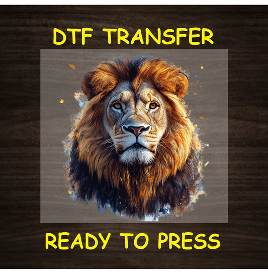 DTF transfer of realistic lion head in warm brown tones with soft splash background
