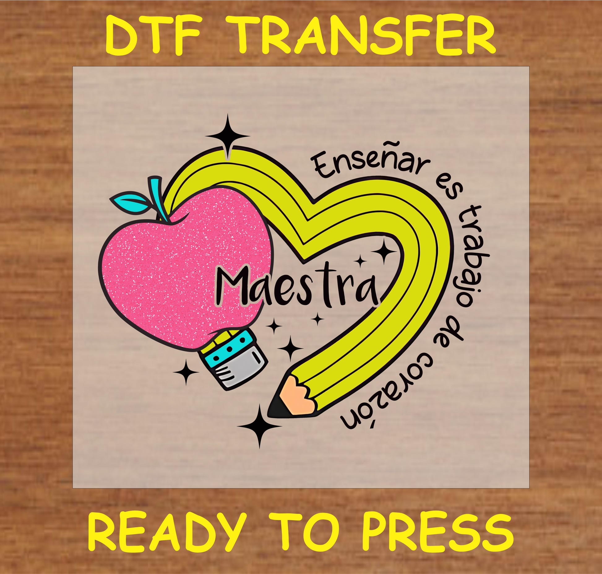 "Maestra DTF Transfer with a glittery apple and pencil design and heartwarming text for teachers"