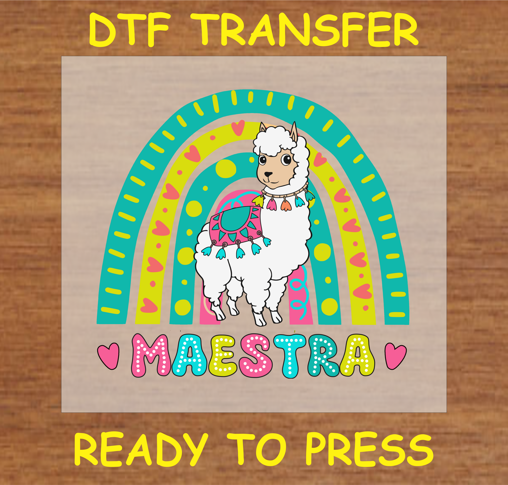 "Maestra DTF Transfer with a colorful llama and rainbow design for teachers"