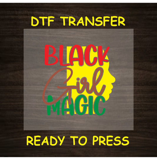 DTF transfer with red, green, and yellow text inside yellow girl silhouette profile