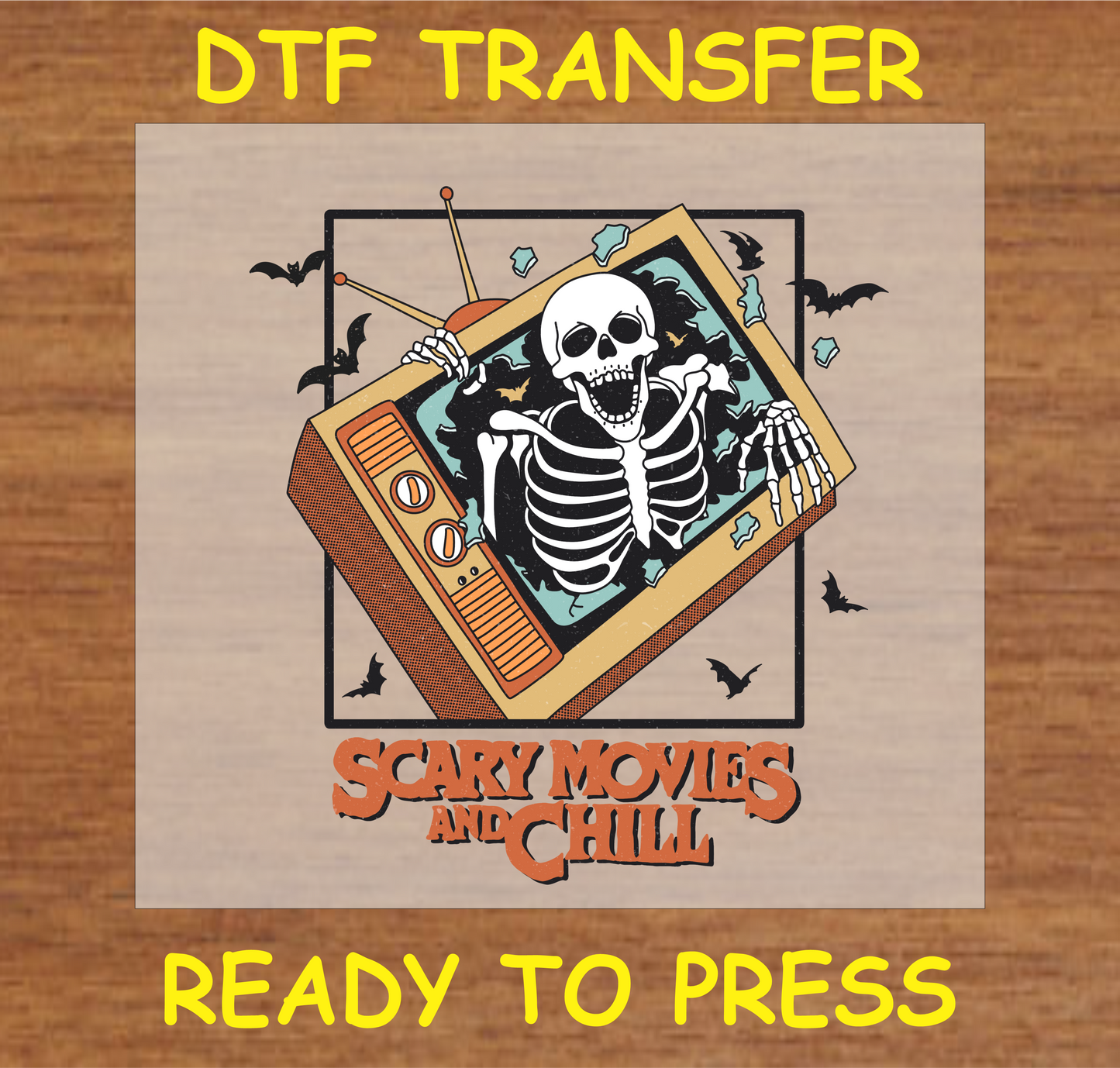"Scary Movies and Chill DTF Transfer with skeleton emerging from a retro TV for Halloween"
