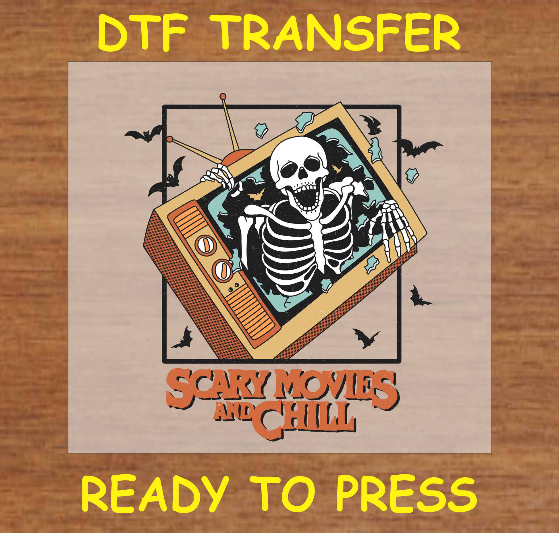 "Scary Movies and Chill DTF Transfer with skeleton emerging from a retro TV for Halloween"