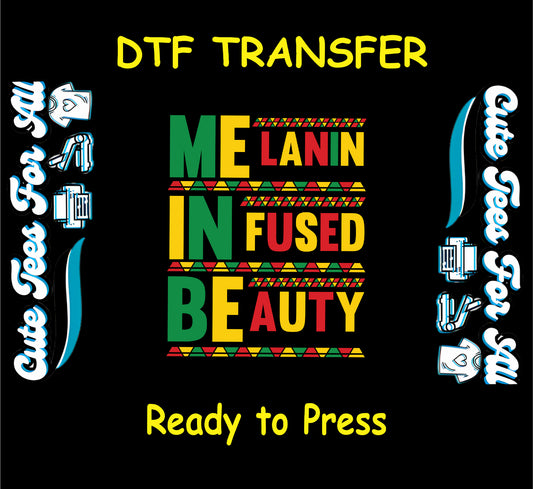 Melanin Infused Beauty text with red, yellow, green tribal accents on black background.