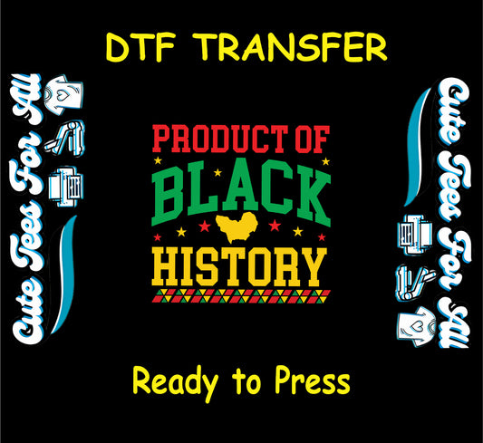 Product of Black History text with Africa shape and red yellow green tribal patterns on black background.