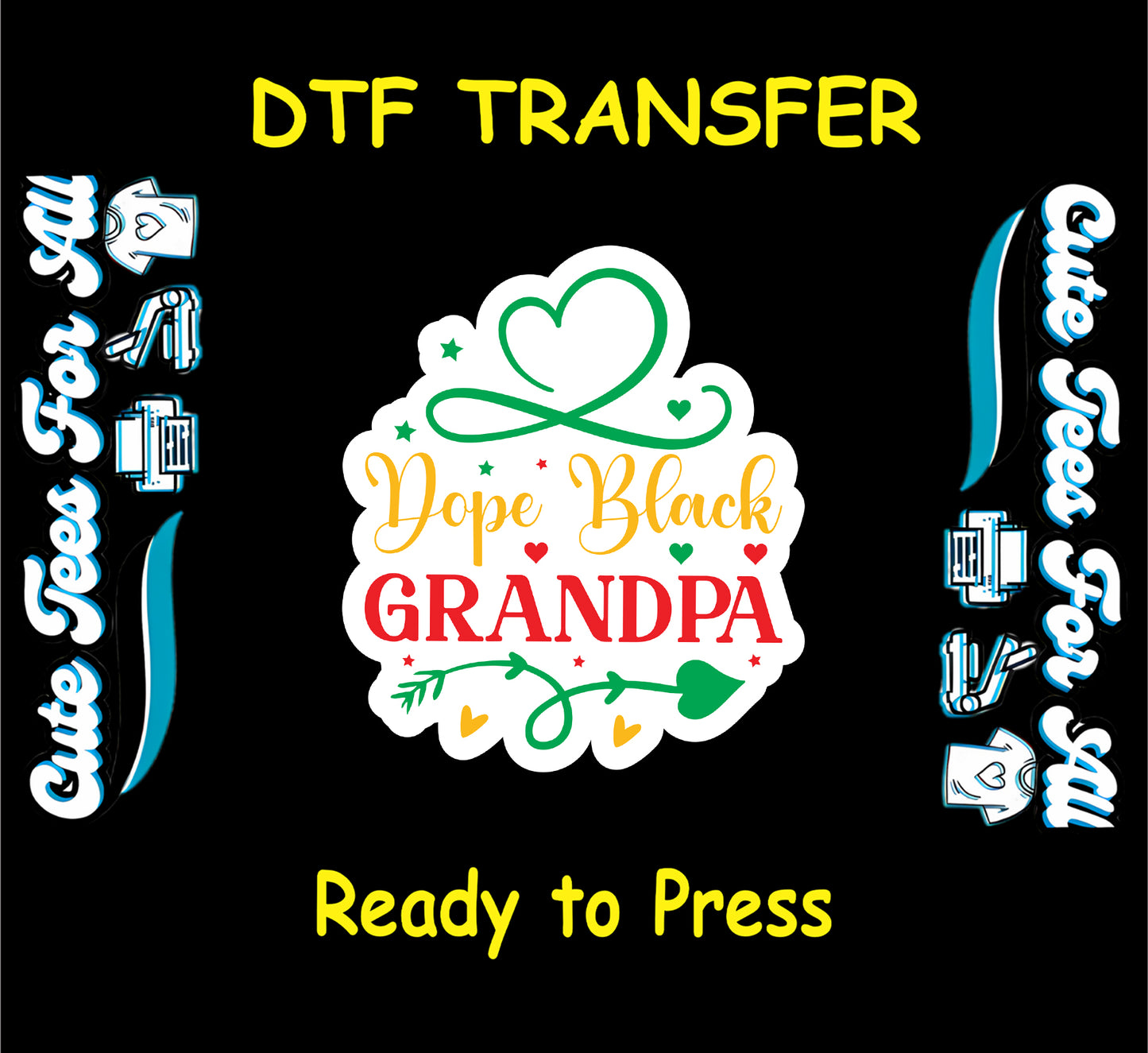 Dope Black Grandpa text with green heart arrow and red yellow hearts on white sticker-style background