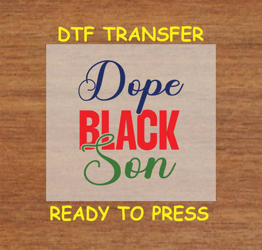 Dope Black Son text in navy, red, and green script on wood background