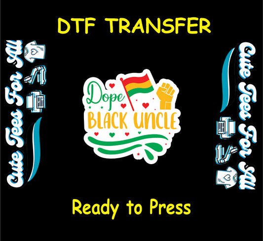 Dope Black Uncle text with hearts, raised fist, and red yellow green flag on white sticker-style background.