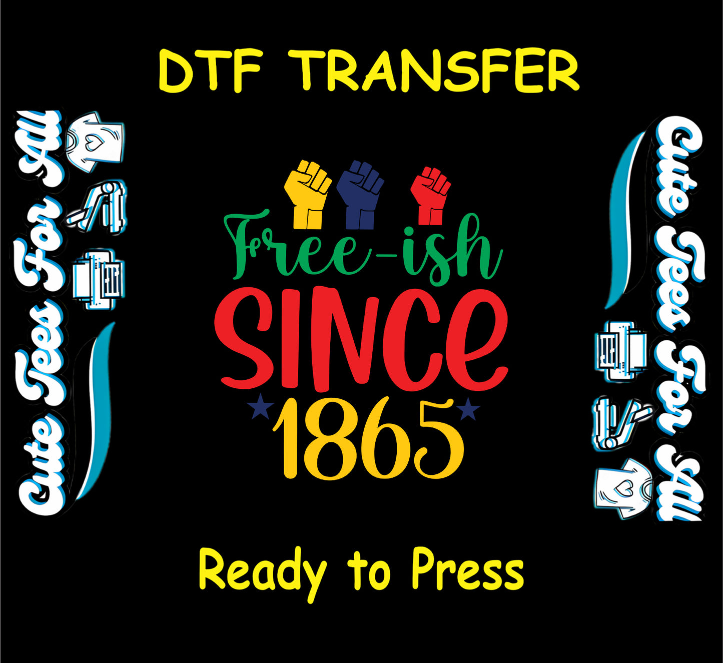 Free Since 1865 text with red, yellow, blue fists and stars on black background