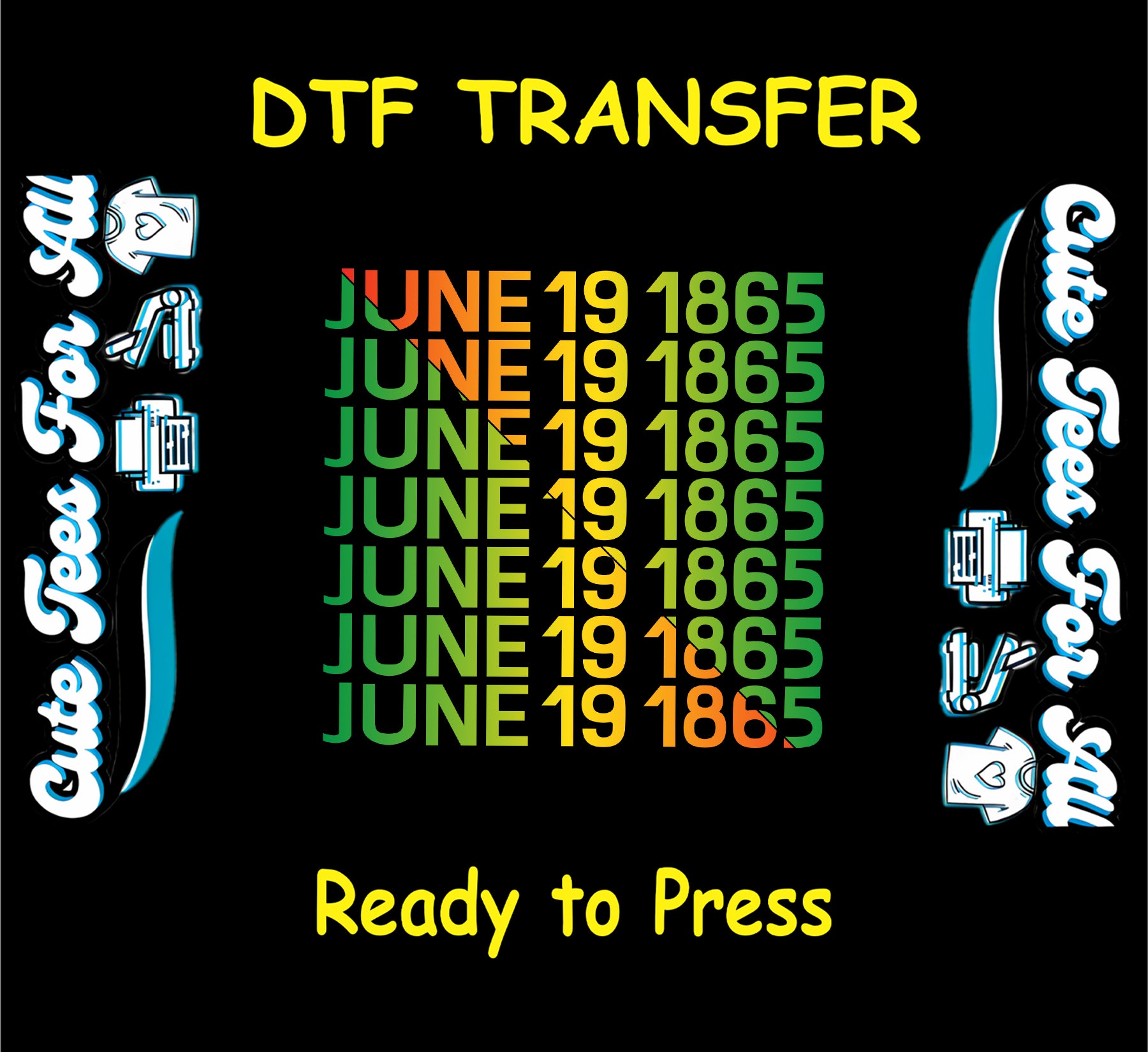 June 19 1865 repeating text in green, red, and gold colors on black background