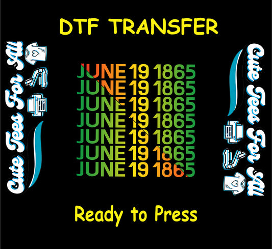 June 19 1865 repeating text in green, red, and gold colors on black background
