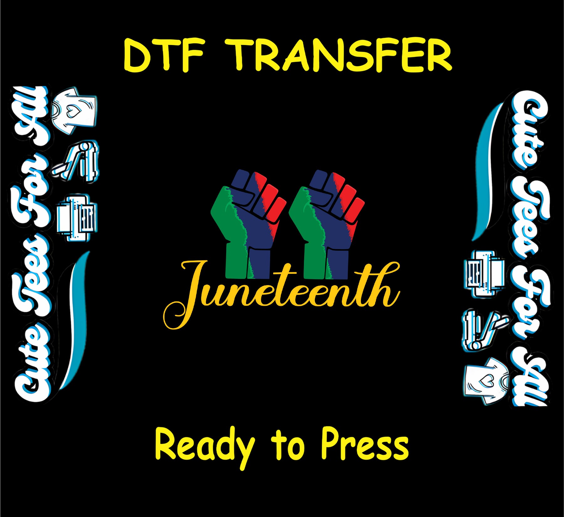 Juneteenth text with three raised fists in red, green, and blue on black background