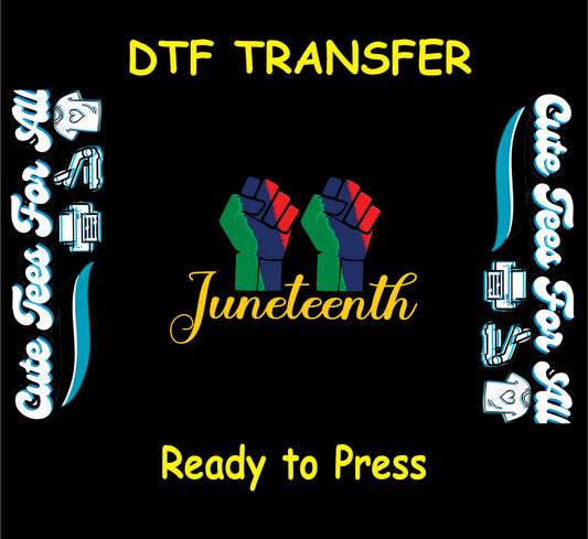 Juneteenth text with three raised fists in red, green, and blue on black background