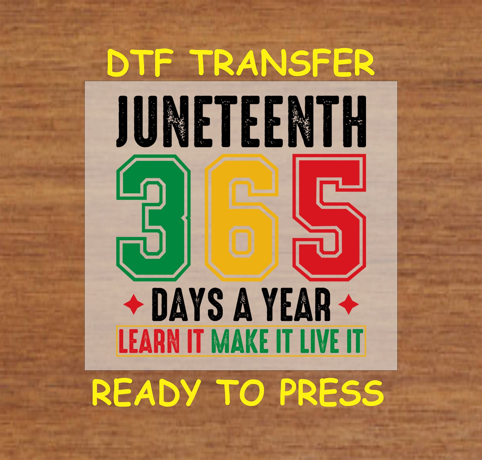 Juneteenth 365 Days a Year text with red green yellow and black colors on wood background