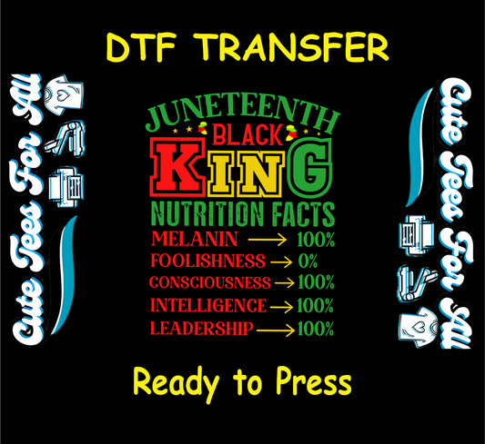Juneteenth Black King text with colorful nutrition facts on melanin, consciousness, leadership, and more