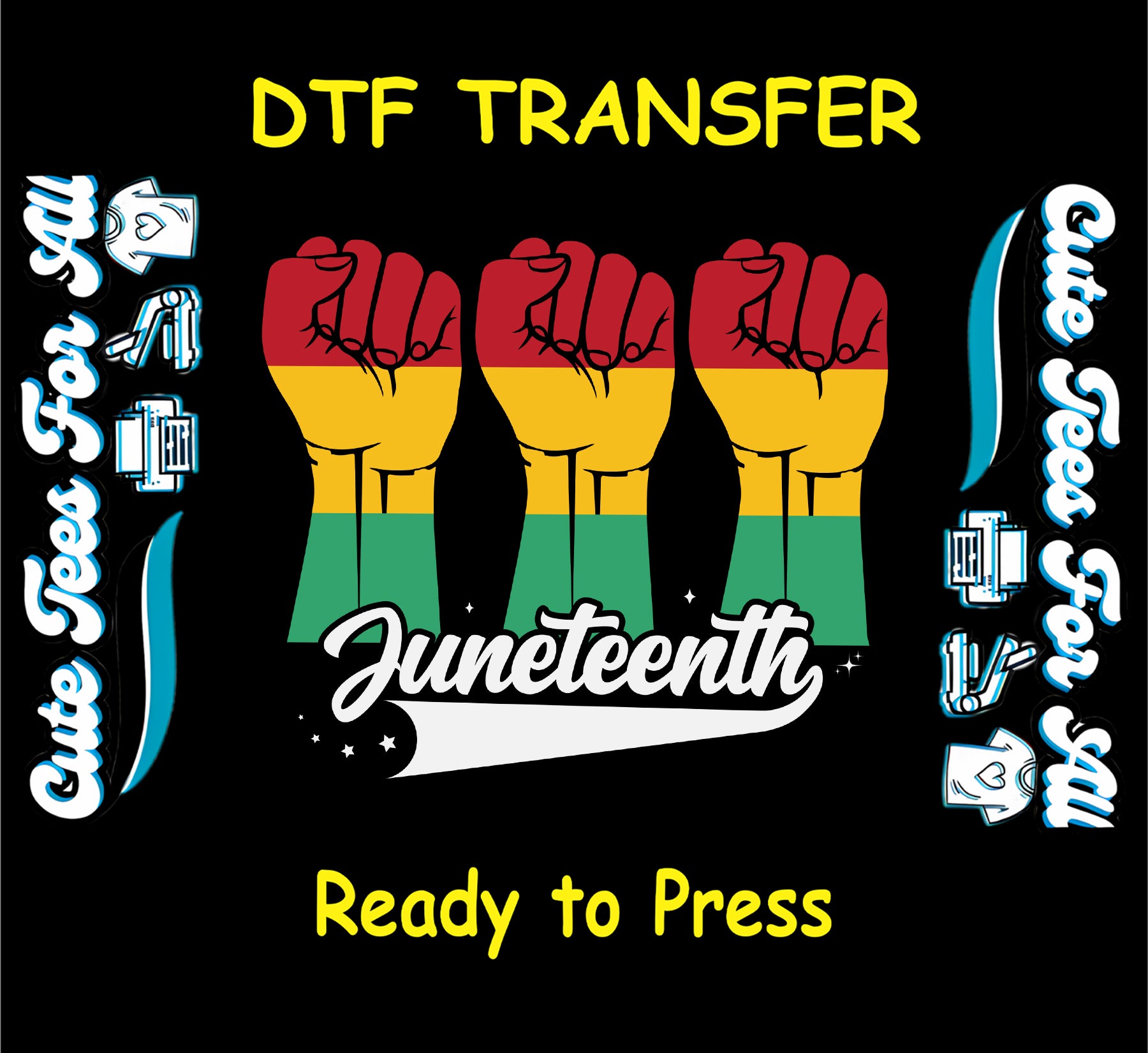 red yellow green raised fists with Juneteenth script underneath on black background
