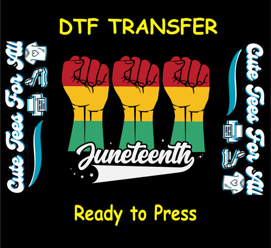 red yellow green raised fists with Juneteenth script underneath on black background
