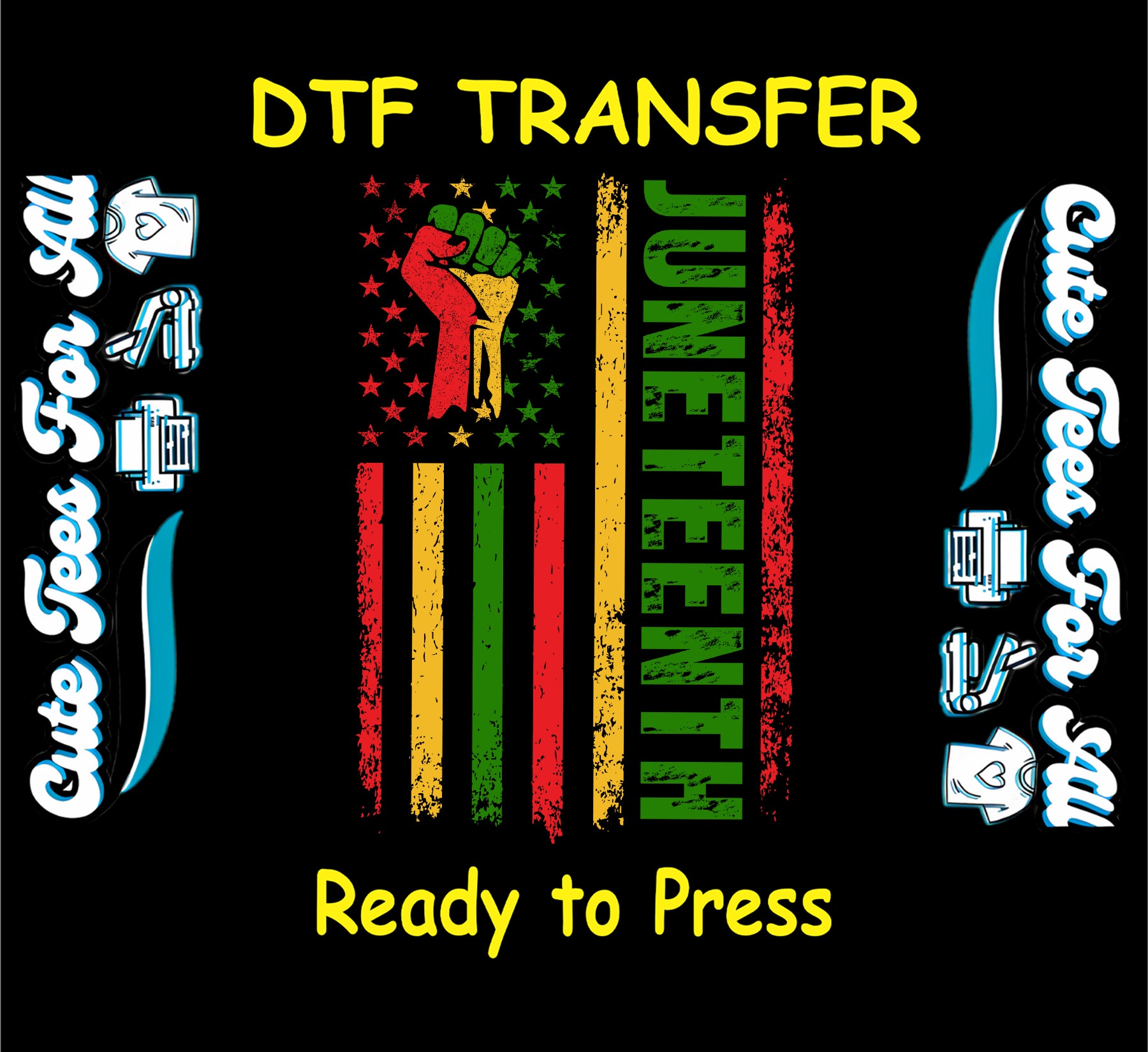 Vertical distressed flag with red yellow green stripes, raised fist, and Juneteenth text