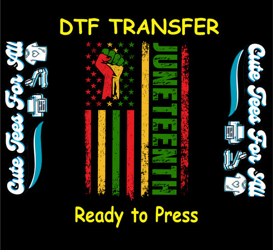 Vertical distressed flag with red yellow green stripes, raised fist, and Juneteenth text