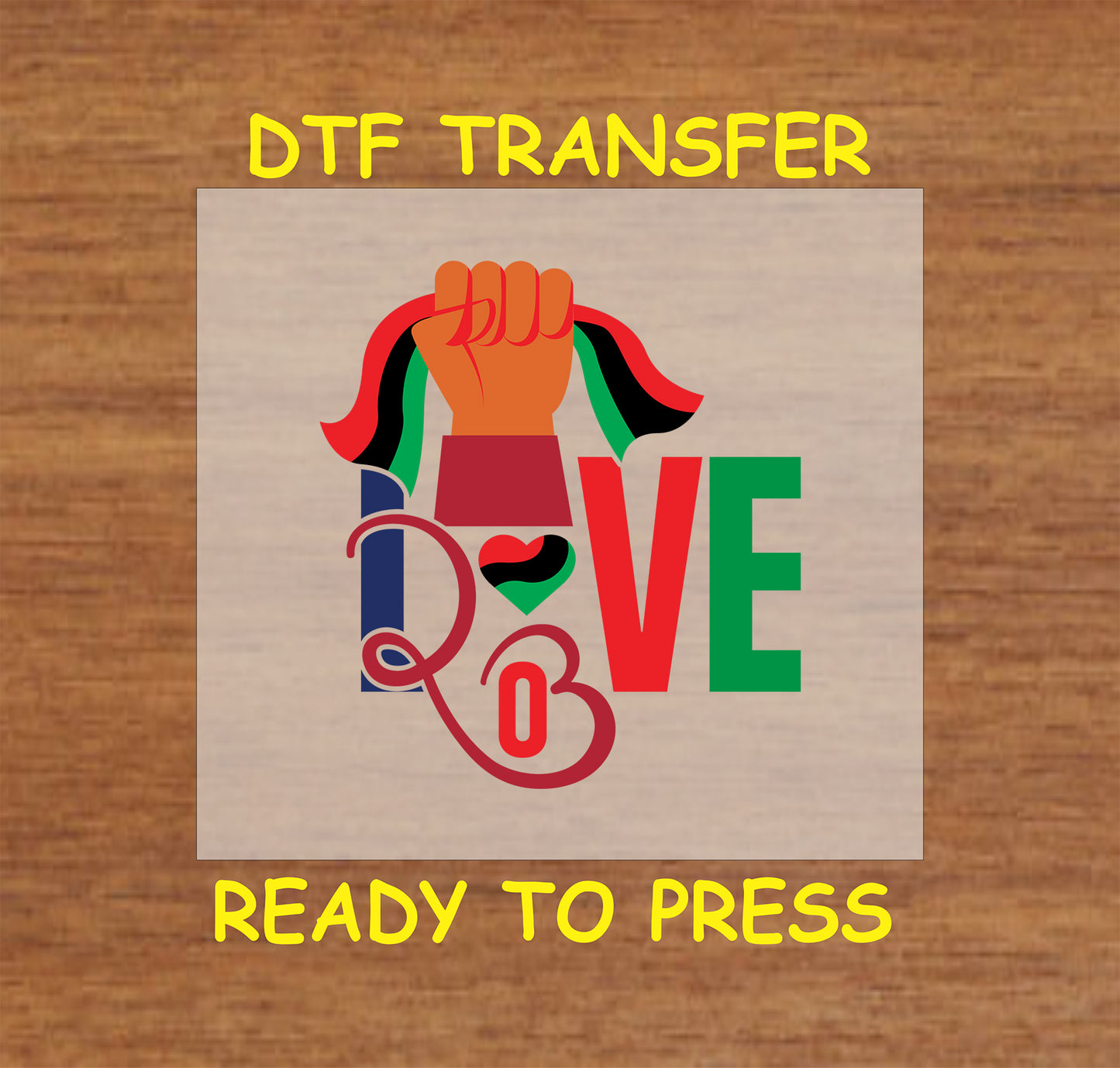 LOVE design with raised fist and Pan-African colors