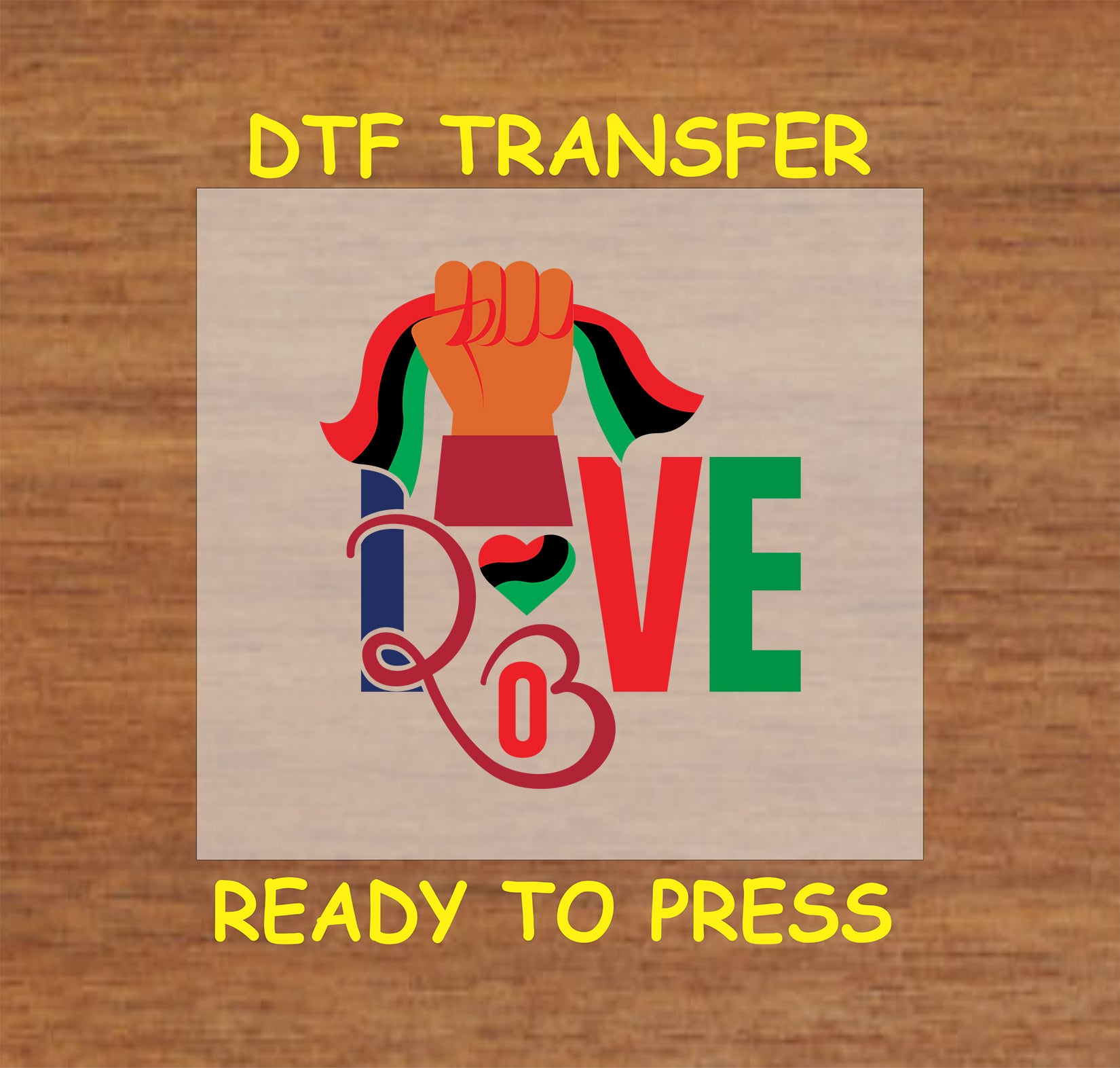 LOVE design with raised fist and Pan-African colors