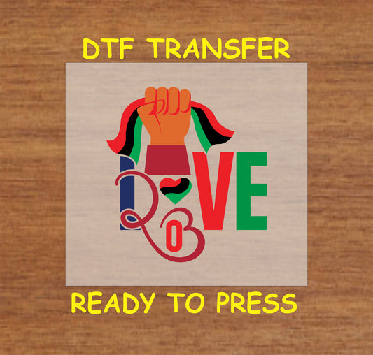 LOVE design with raised fist and Pan-African colors