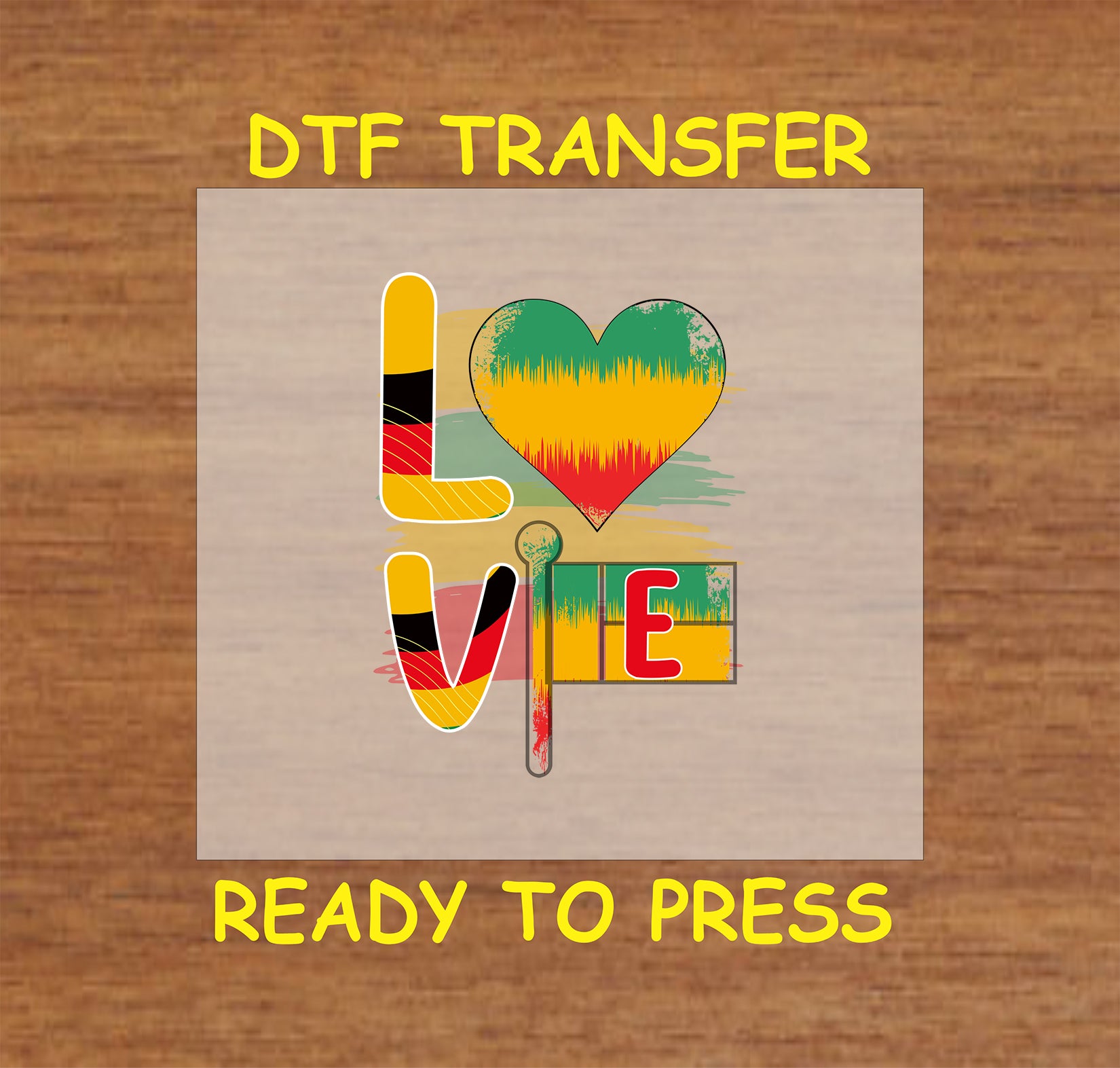 LOVE block letters with Juneteenth heart and flag textures on DTF transfer