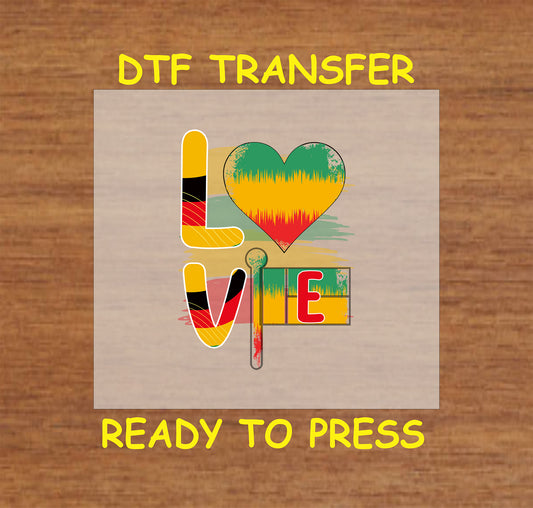 LOVE block letters with Juneteenth heart and flag textures on DTF transfer
