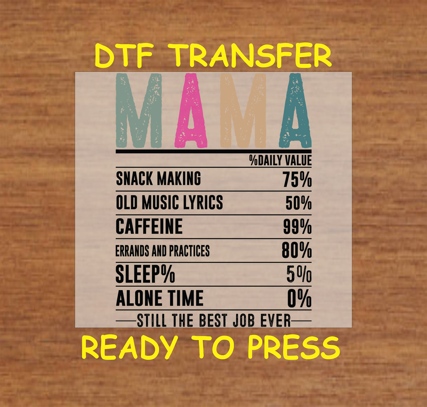 DTF transfer with humorous nutrition facts about motherhood, including caffeine, snack-making, and no alone time.