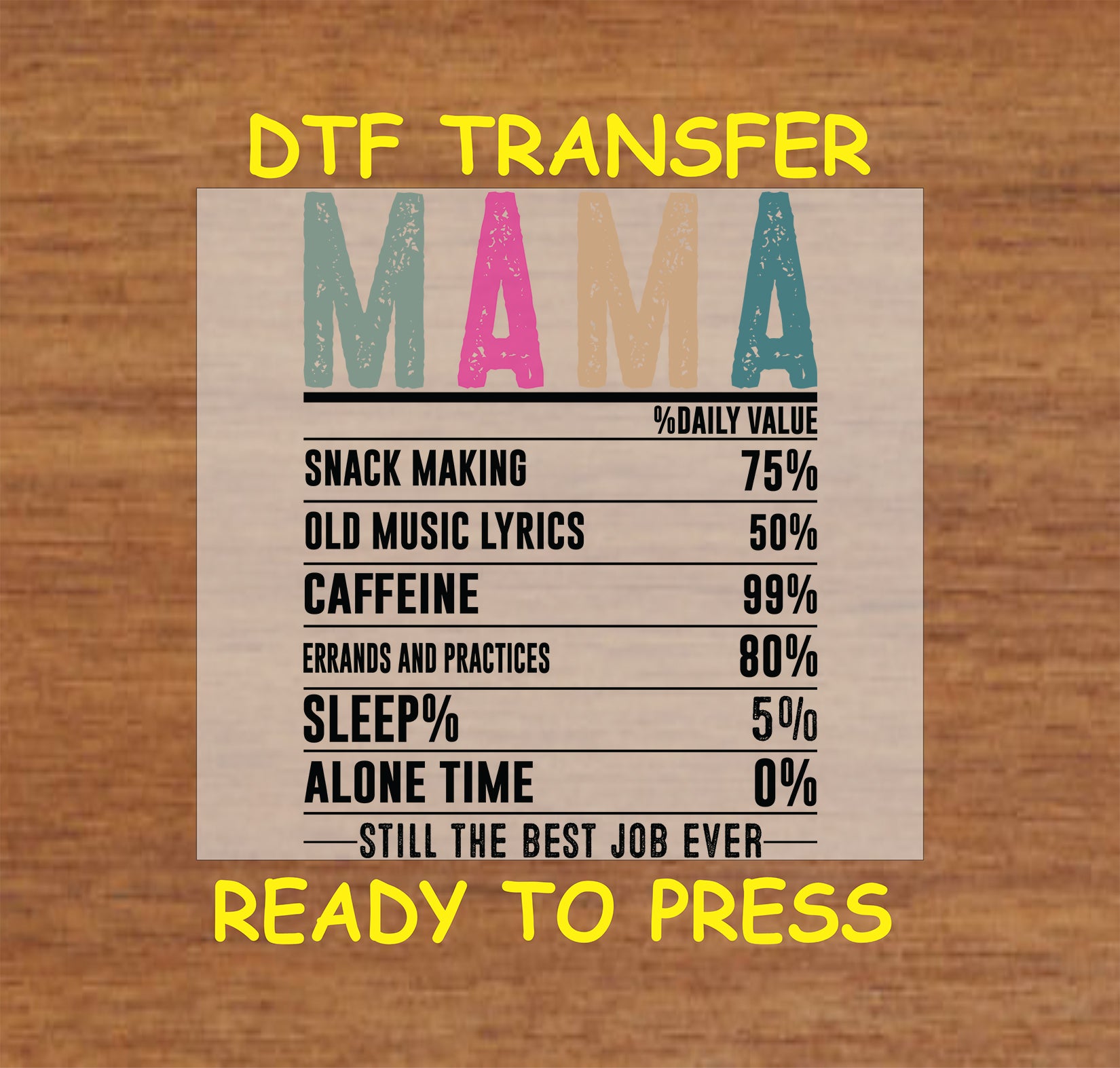 DTF transfer with humorous nutrition facts about motherhood, including caffeine, snack-making, and no alone time.