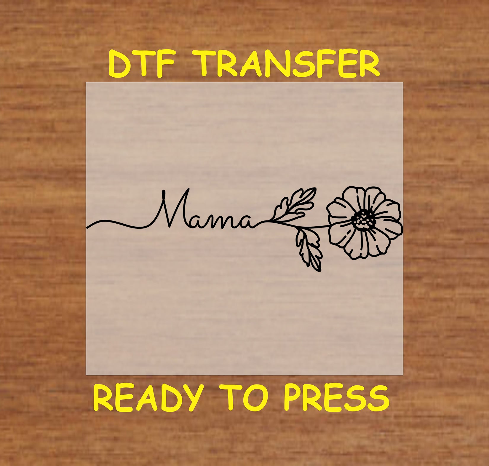 Black script Mama text with single-line floral accent DTF transfer