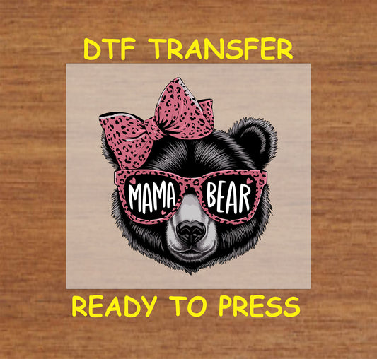 Bear with leopard bow and sunglasses reading Mama Bear DTF transfer