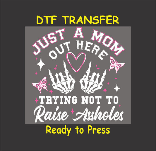 White skeleton hands and bold mom quote with pink accents for dark shirts