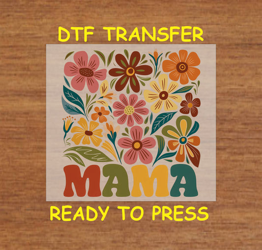 Retro MAMA text surrounded by colorful flowers DTF transfer