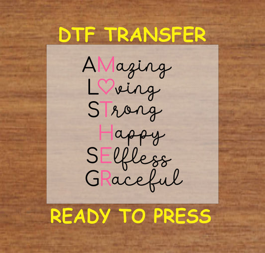 Vertical MOTHER acronym with pink heart and descriptive words DTF transfer