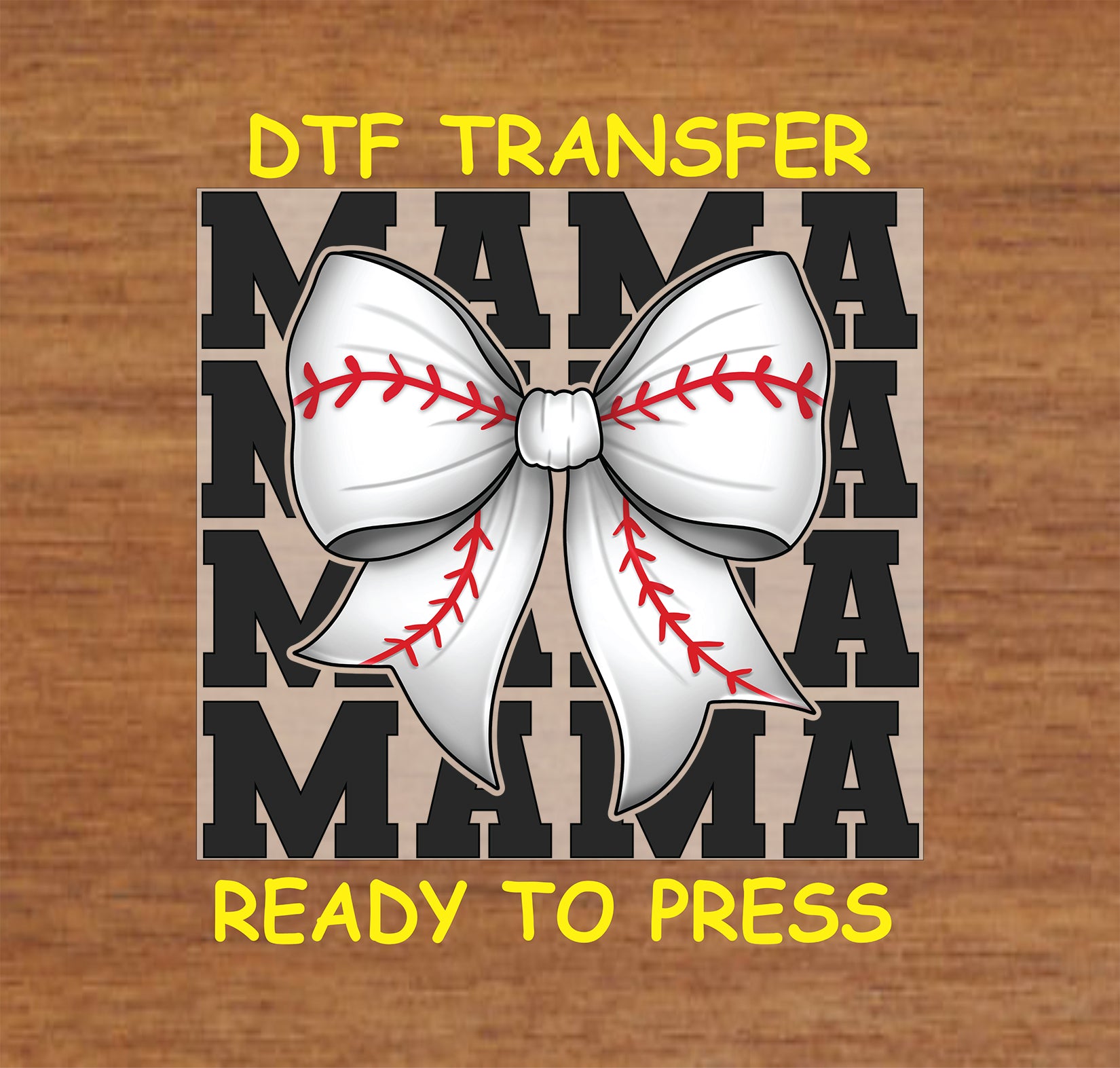 White baseball-stitched bow over stacked MAMA text DTF transfer