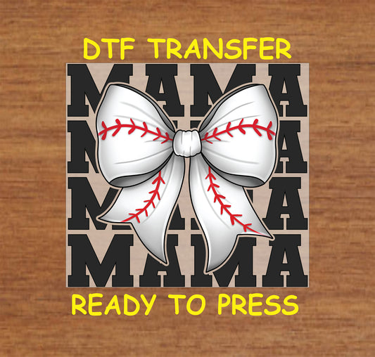 White baseball-stitched bow over stacked MAMA text DTF transfer