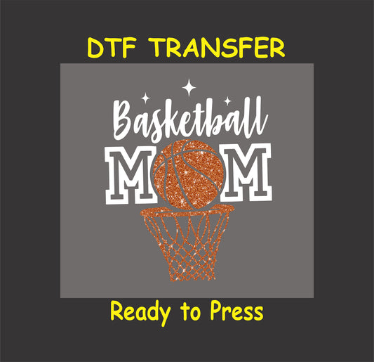 Glitter basketball going into net with Basketball Mom text for dark shirts DTF transfer
