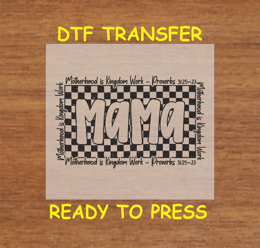 MAMA text on checkered background with Proverbs 31 scripture border DTF transfer