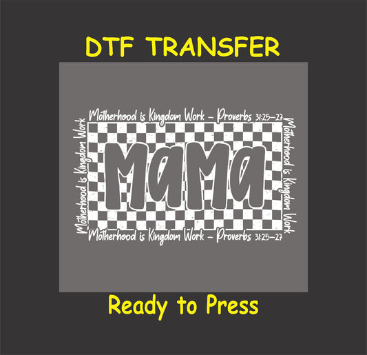 White ink Mama Proverbs 31 checkered design for dark shirts DTF transfer