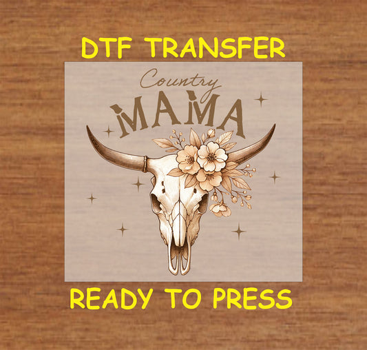 Country Mama with longhorn skull and beige florals DTF transfer