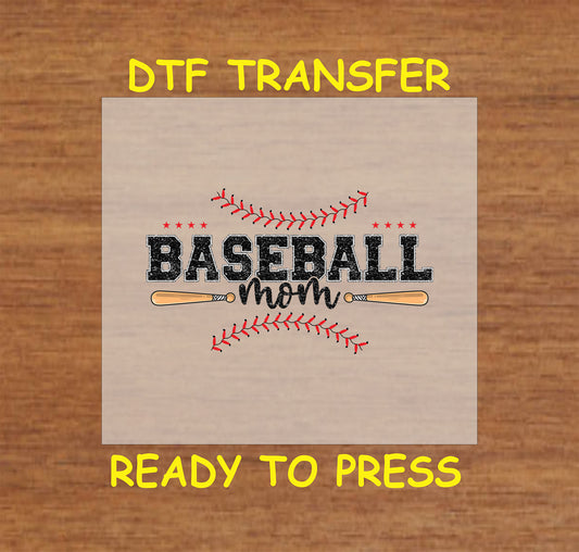 Distressed Baseball Mom text with red stitching and bats DTF transfer