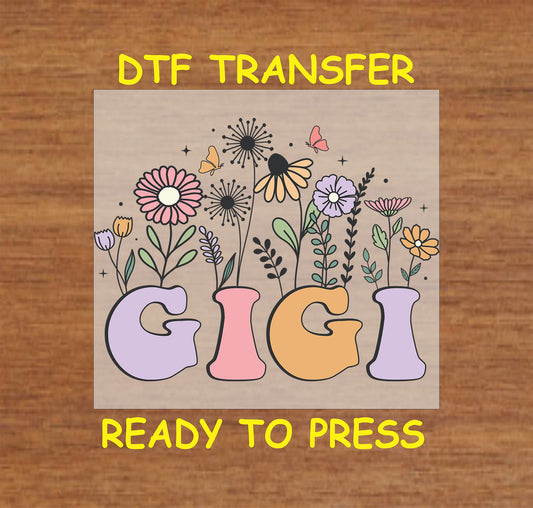 Pastel GIGI text with colorful flowers and butterflies DTF transfer