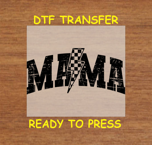 Distressed MAMA text with checkered lightning bolt in black DTF transfer